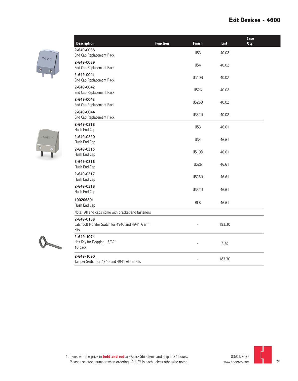 Official Hager 2026 Exit Devices pricebook page 39 family image; exact MPN controls ordered configuration.