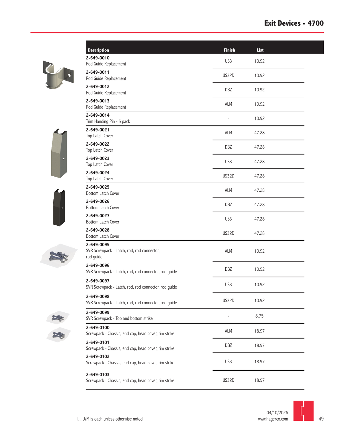 Official Hager 2026 Exit Devices pricebook page 49 family image; exact MPN controls ordered configuration.