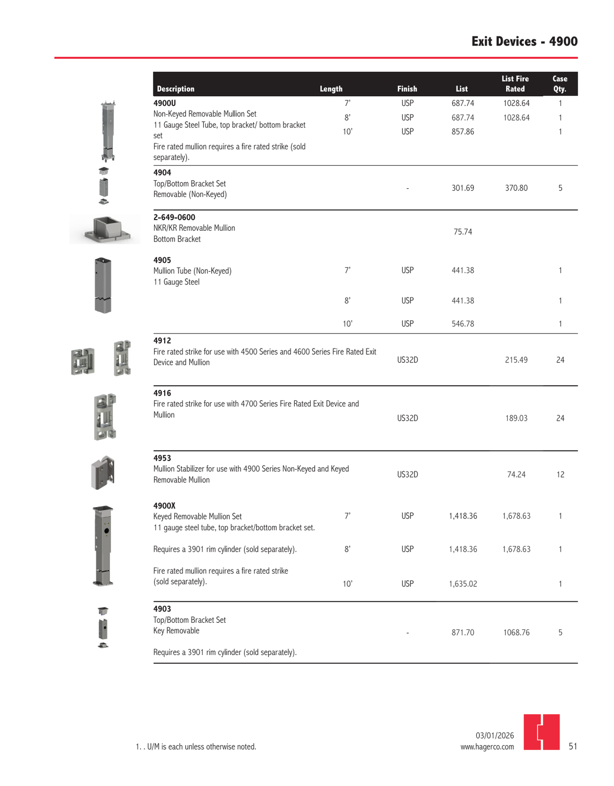 Official Hager 2026 Exit Devices pricebook page 51 family image; exact MPN controls ordered configuration.
