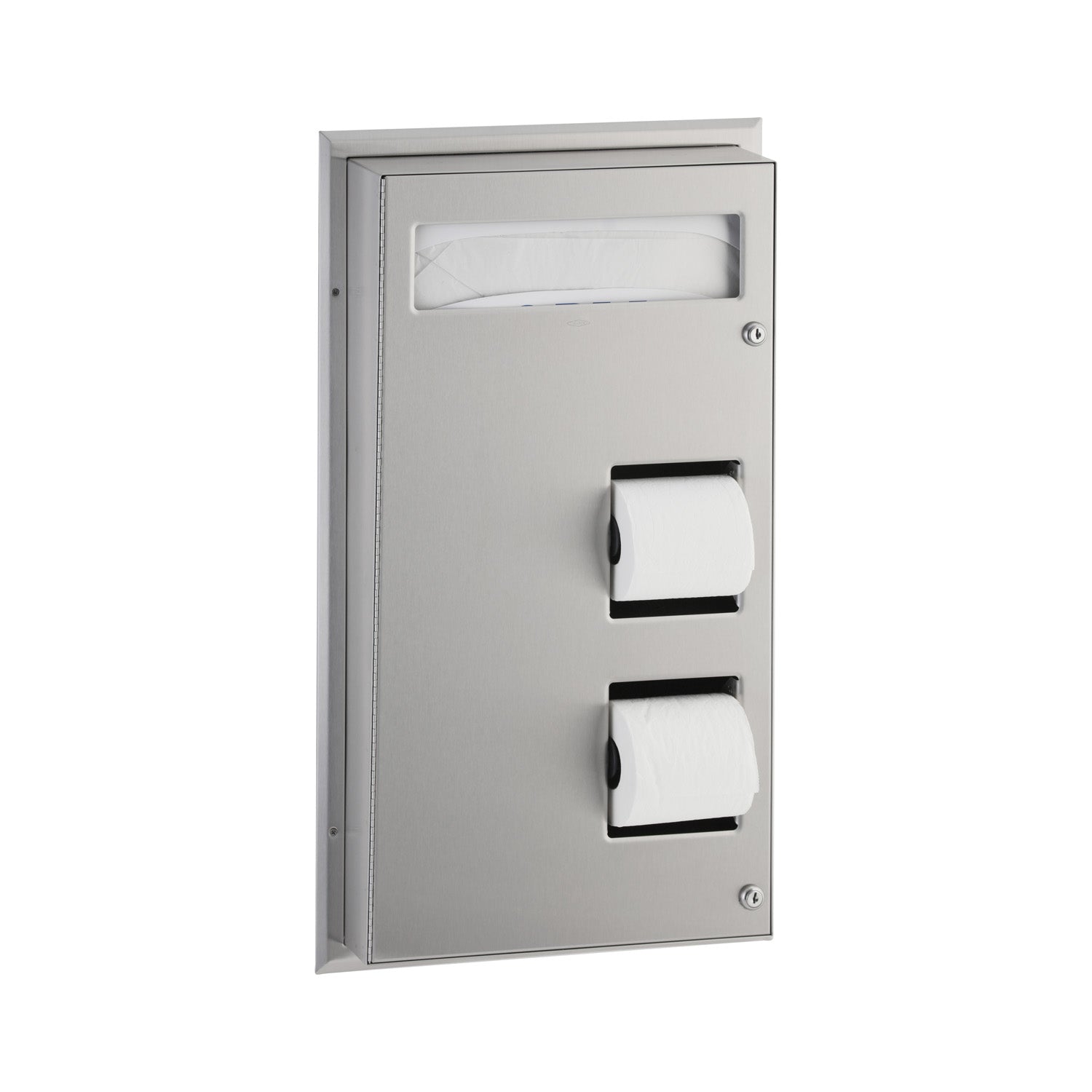 Bobrick B-347 Partition-Mounted Toilet Seat Cover Dispenser and Dual-Roll Dispenser — product view