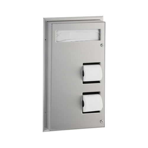 Bobrick B-347 Partition-Mounted Toilet Seat Cover Dispenser and Dual-Roll Dispenser — product view