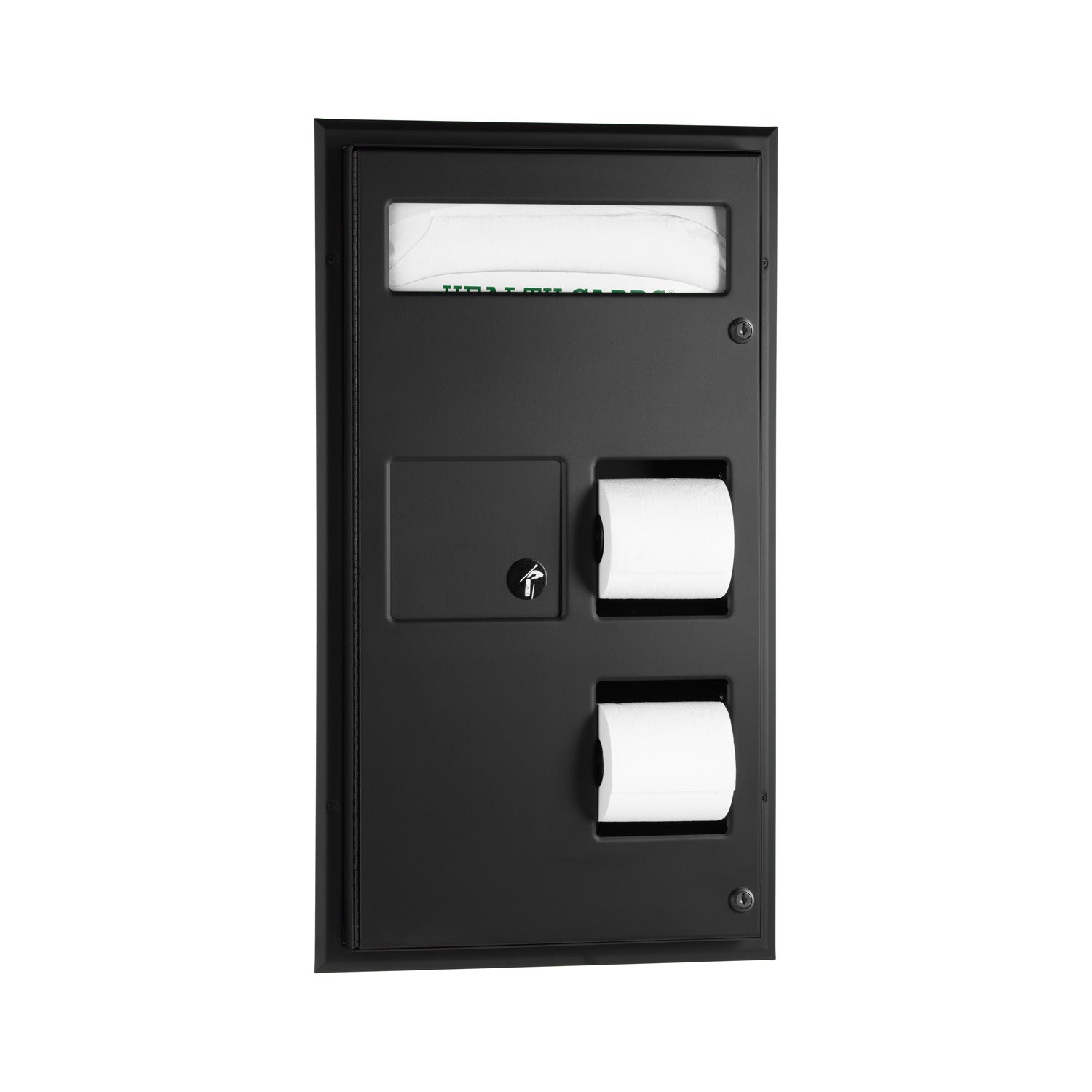 Bobrick B-357.MBLK Partition-Mounted Seat Cover Dispenser Napkin Disposal, 0.8-Gal. Dual-Roll Toilet Tissue Dispenser, Matte Black — product view