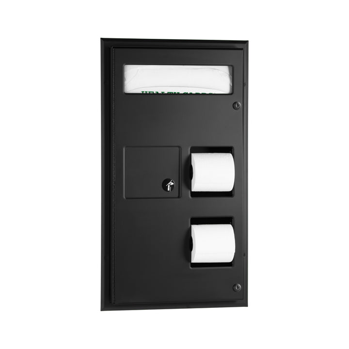 Bobrick B-357.MBLK Partition-Mounted Seat Cover Dispenser Napkin Disposal, 0.8-Gal. Dual-Roll Toilet Tissue Dispenser, Matte Black — product view