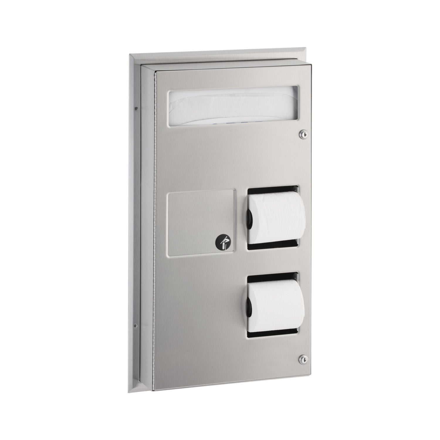 Bobrick B-357 Partition-Mounted Seat Cover Dispenser Napkin Disposal, 0.8-Gal. Dual-Roll Toilet Tissue Dispenser — product view
