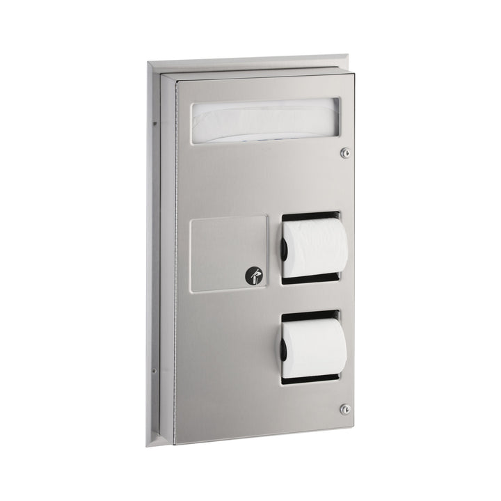 Bobrick B-357 Partition-Mounted Seat Cover Dispenser Napkin Disposal, 0.8-Gal. Dual-Roll Toilet Tissue Dispenser — product view