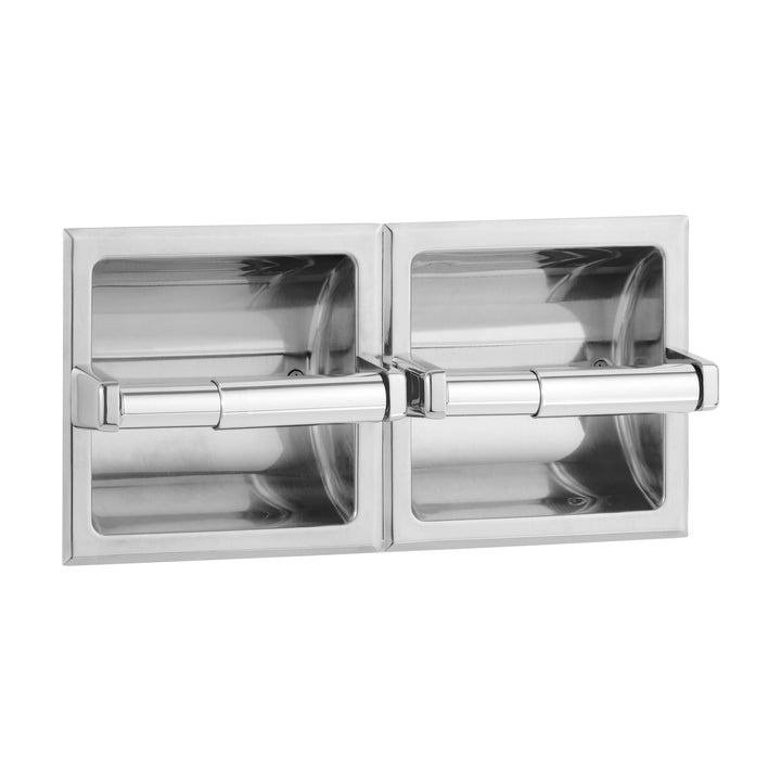 Bobrick B-697 Toilet Tissue Dispenser, 2 Rolls, Mounting Clamp, Bright-Polished Stainless Steel Finish — product view