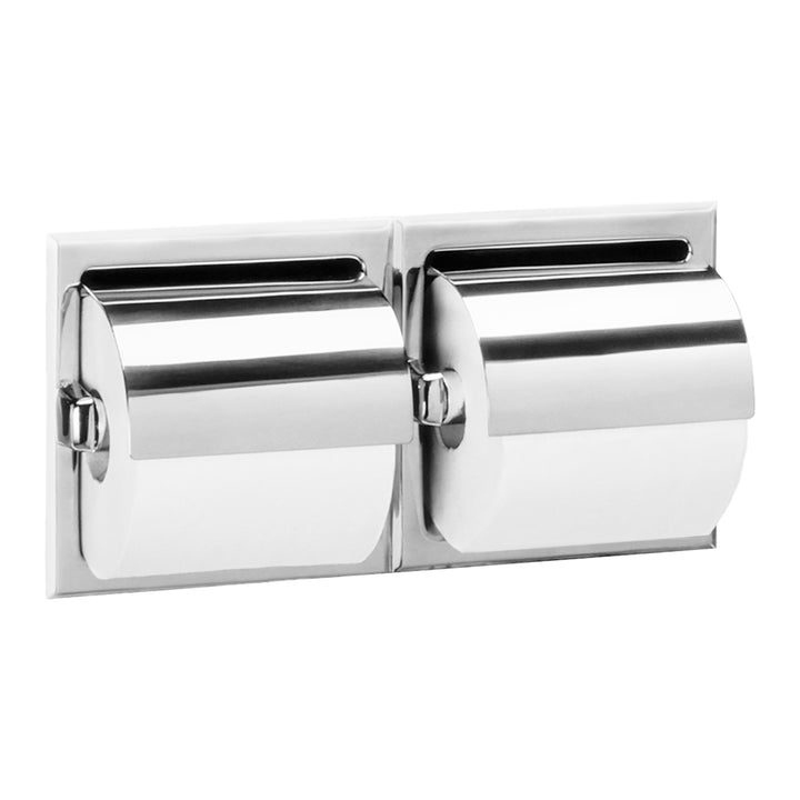 Bobrick B-699 Toilet Tissue Dispenser, Hoods, 2 Rolls, Mounting Clamp, Bright-Polished Stainless Steel Finish — product view