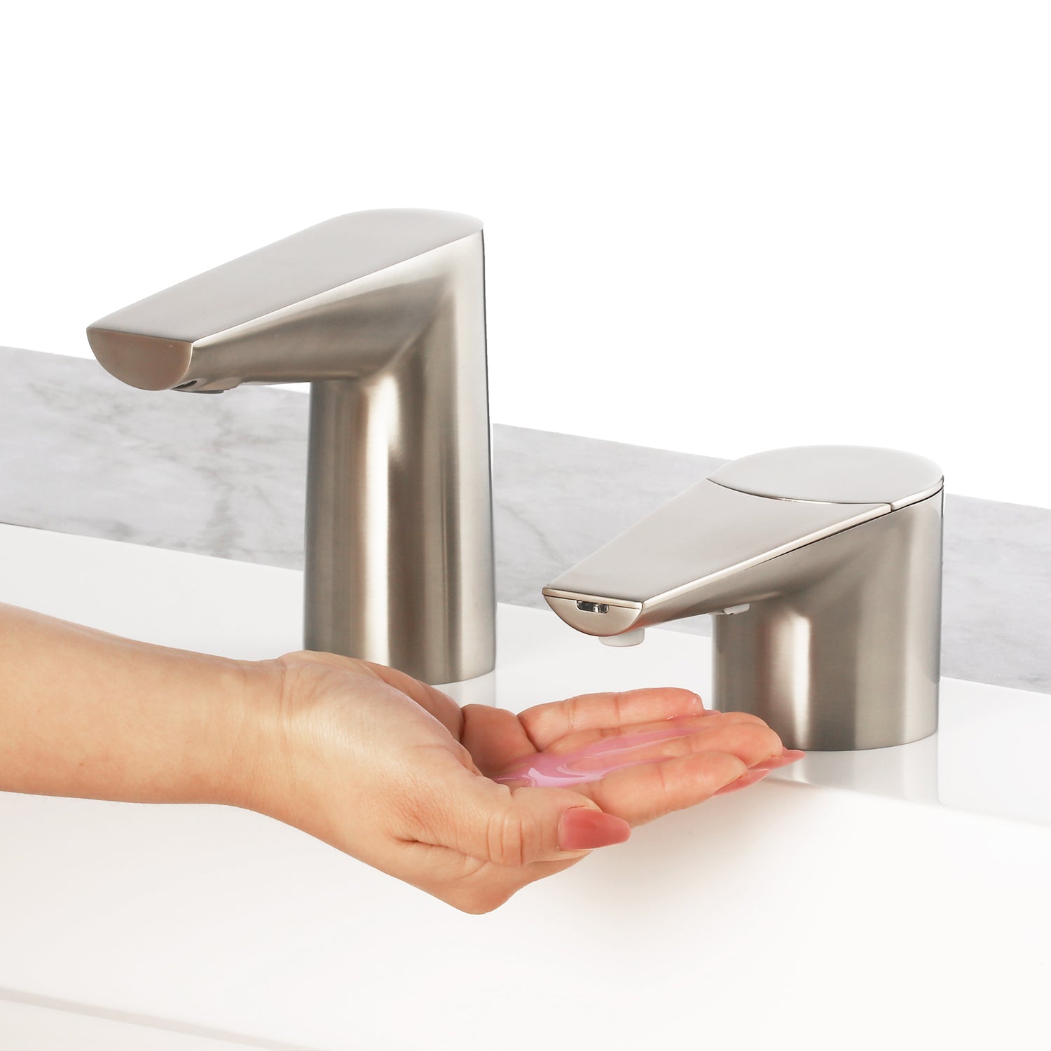 Bobrick B-875 NEW: Designer Series Automatic Top Fill Liquid Soap Dispenser, Brushed Nickel — alternate view 3