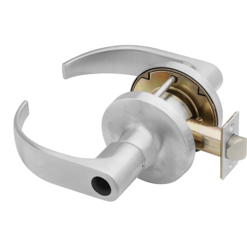 Falcon T Series Quantum lever less cylinder representative supplier image in satin chrome; ordered finish is listed on the product page