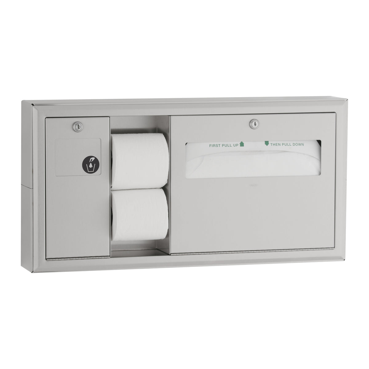 Bobrick B-30919 Surface-Mounted Toilet Tissue, Seat-Cover Dispenser and Waste Disposal, 
Left Side — manufacturer product image