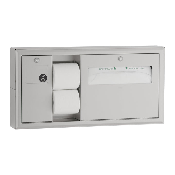 Bobrick B-30919 Surface-Mounted Toilet Tissue, Seat-Cover Dispenser and Waste Disposal, 
Left Side — manufacturer product image