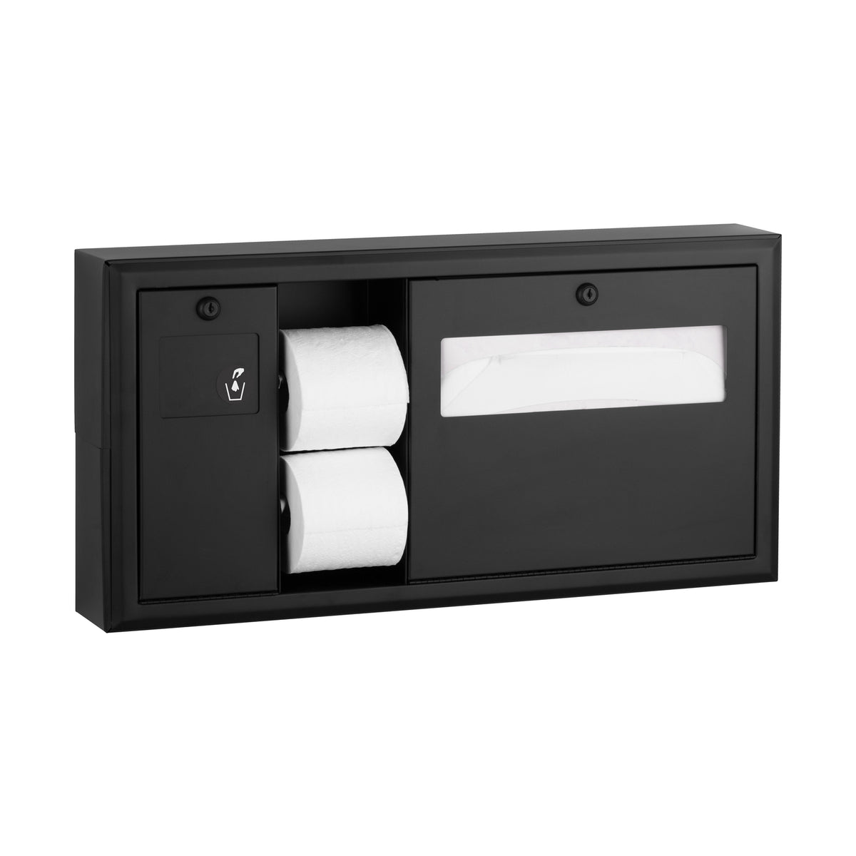 Bobrick B-30919.MBLK Surface-Mounted Toilet Tissue, Seat-Cover Dispenser and Waste Disposal, Left Side, Matte Black — manufacturer product image