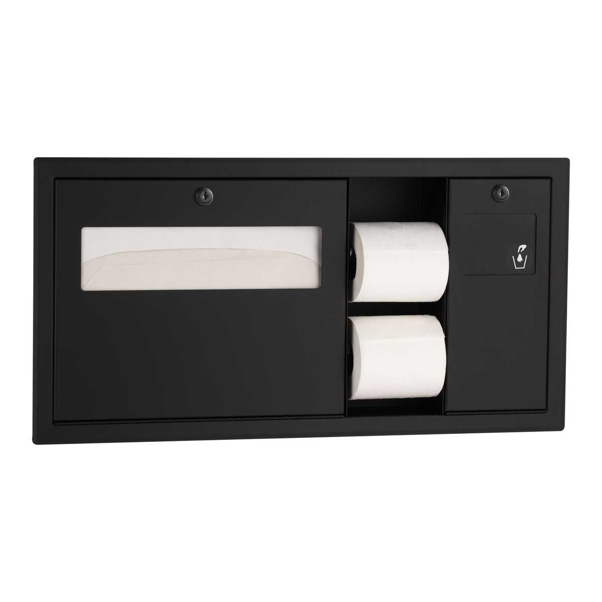 Bobrick B-3092.MBLK Recessed-Mounted Toilet Tissue, Seat-Cover Dispenser and Waste Disposal, Right Side, Matte Black — manufacturer product image