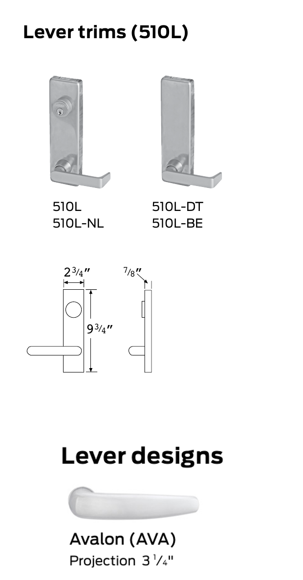 Falcon manufacturer catalog excerpt showing 510L lever trim and Avalon lever design; related 510L trim variants appear for context