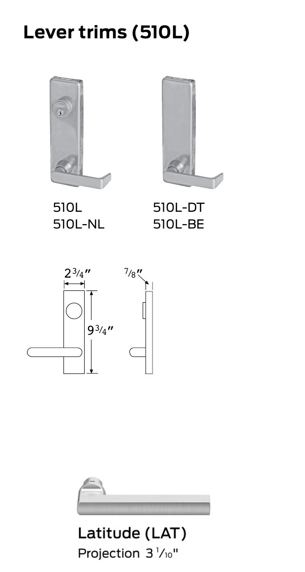 Falcon manufacturer catalog excerpt showing 510L lever trim and Latitude lever design; related 510L trim variants appear for context