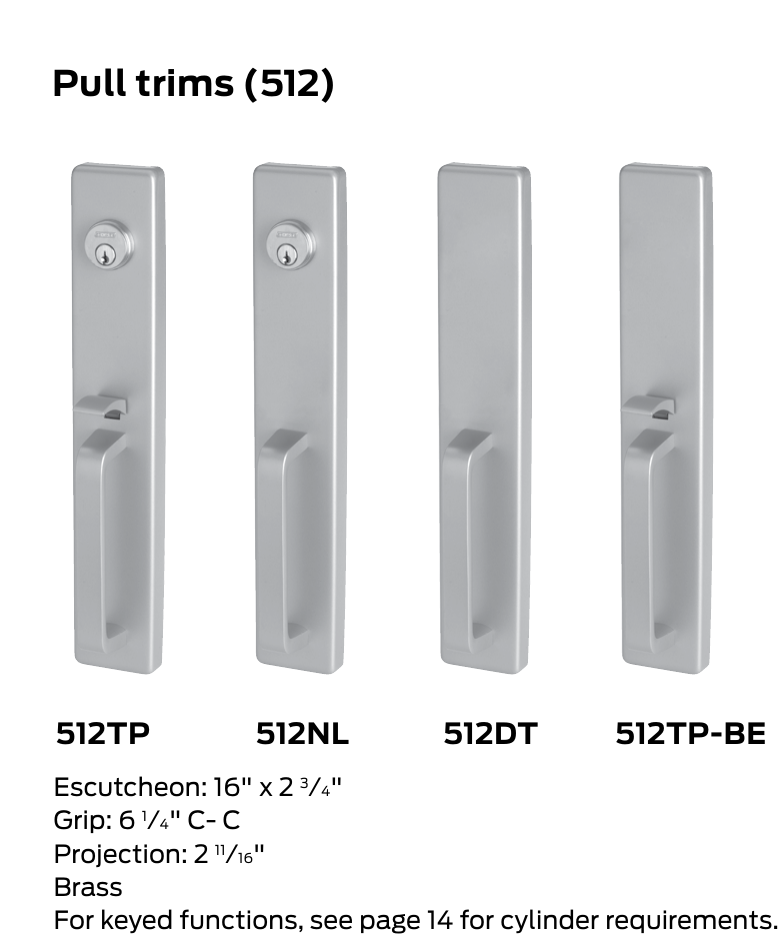 Falcon manufacturer catalog excerpt showing exact 512DT pull trim; related 512 trim variants appear for context