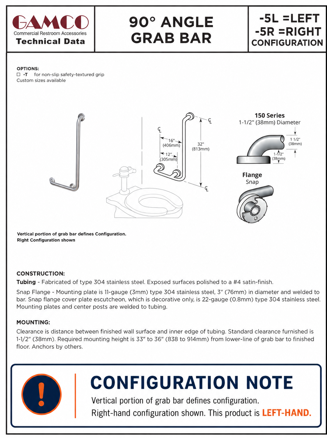 GAMCO 150S-5L representative manufacturer technical sheet; right-hand configuration shown; product sold is LEFT-HAND