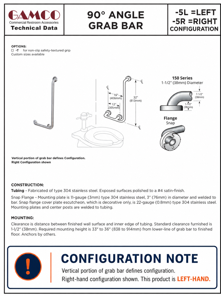 GAMCO 150S-5L representative manufacturer technical sheet; right-hand configuration shown; product sold is LEFT-HAND